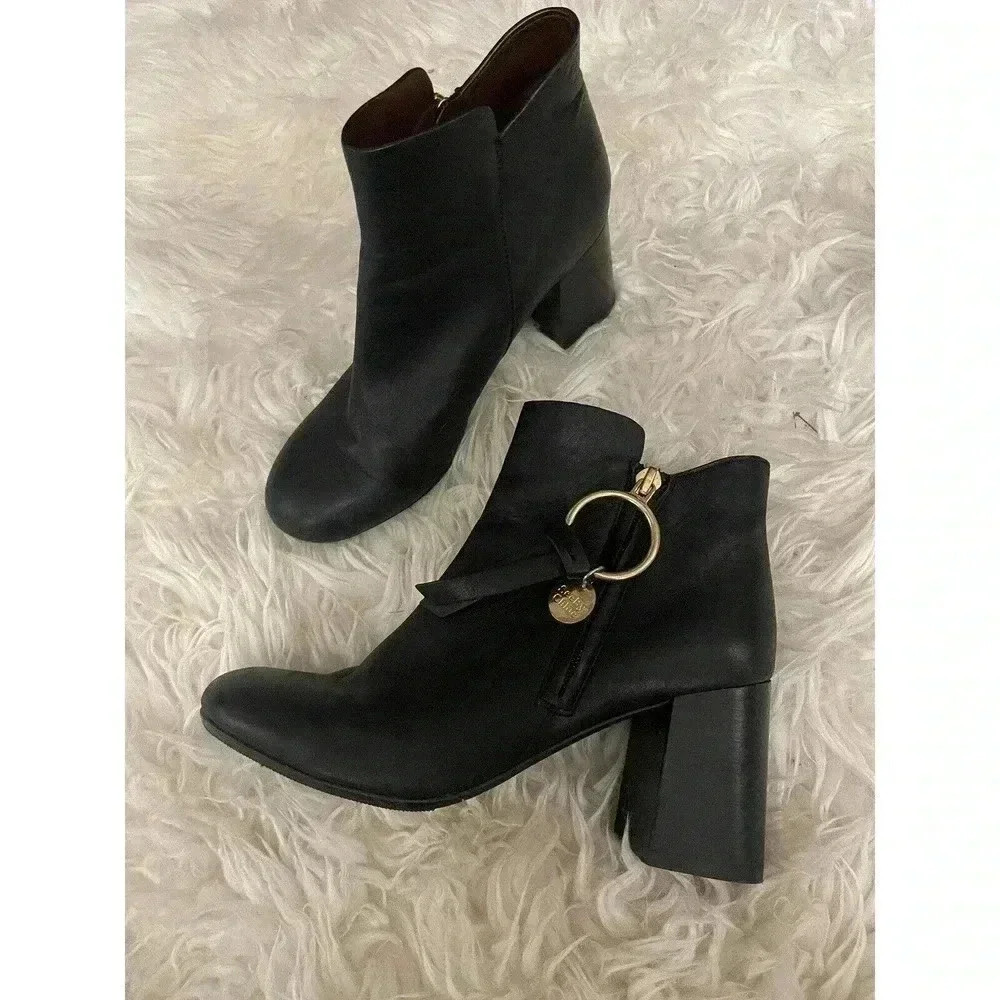 See by Chloe Boots Louise Block Heel Ankle Booties Black Leather Zip Size 37 7